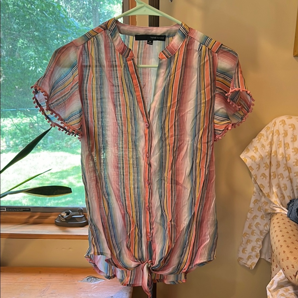 Harve Benard multi color light weight blouse ties at waist rick rack at sleeves